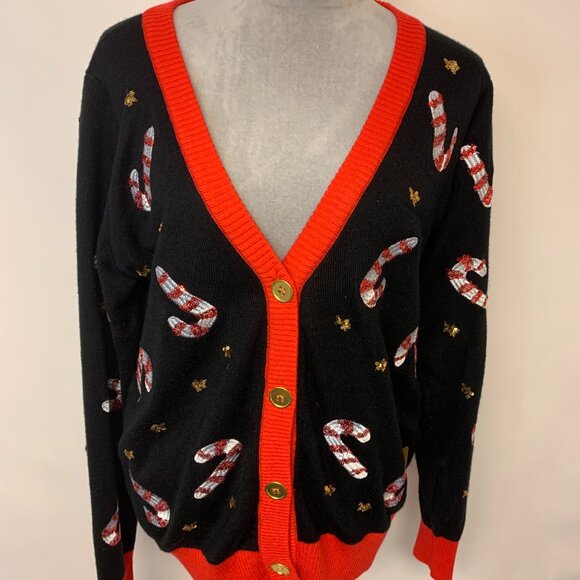 Tipsy Elves Sweater Size Large Cardigan Candy Cane Sequins Christmas in July - Picture 4 of 11